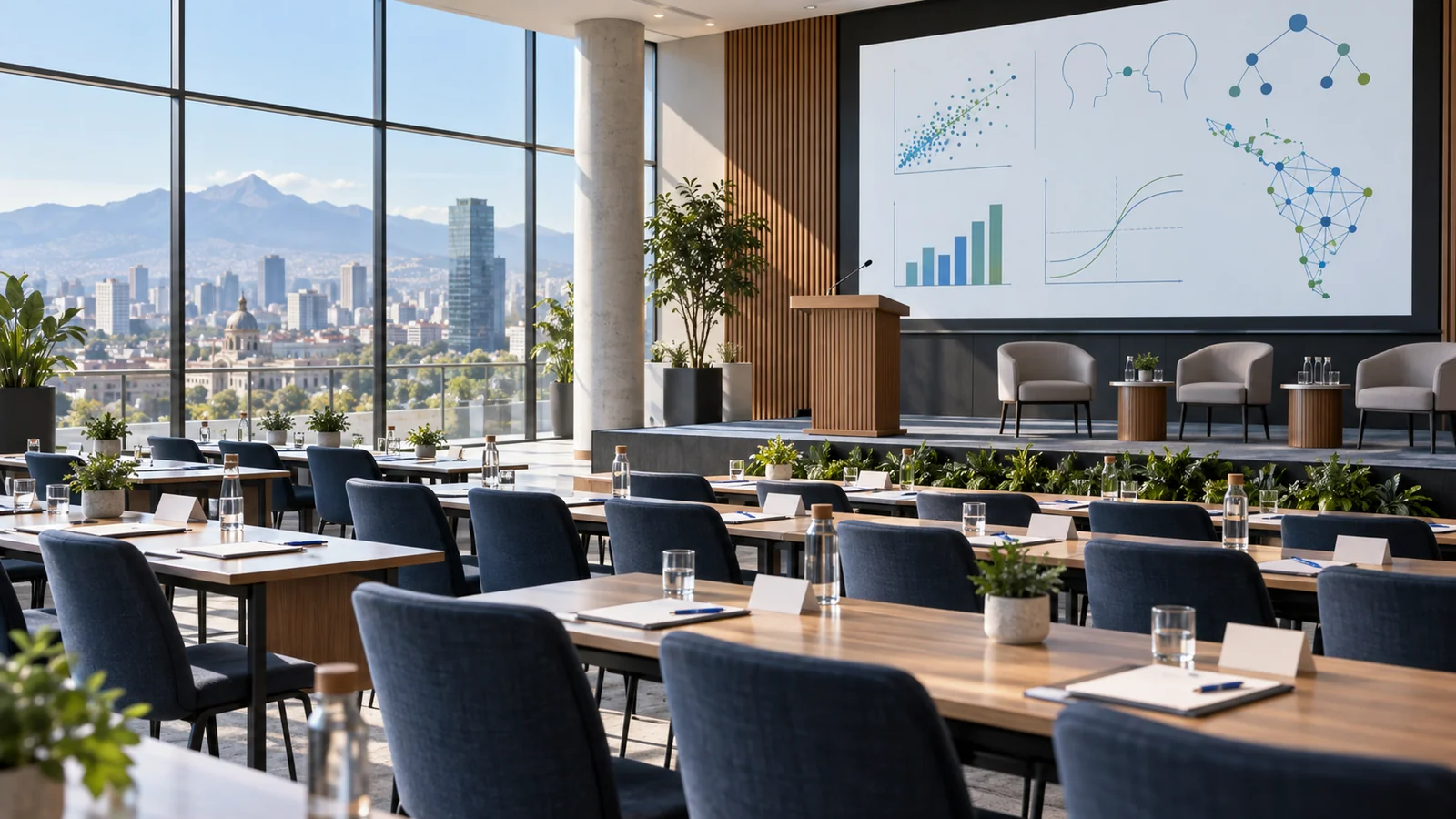 Illustration of a university auditorium prepared for a behavioral and experimental economics workshop.