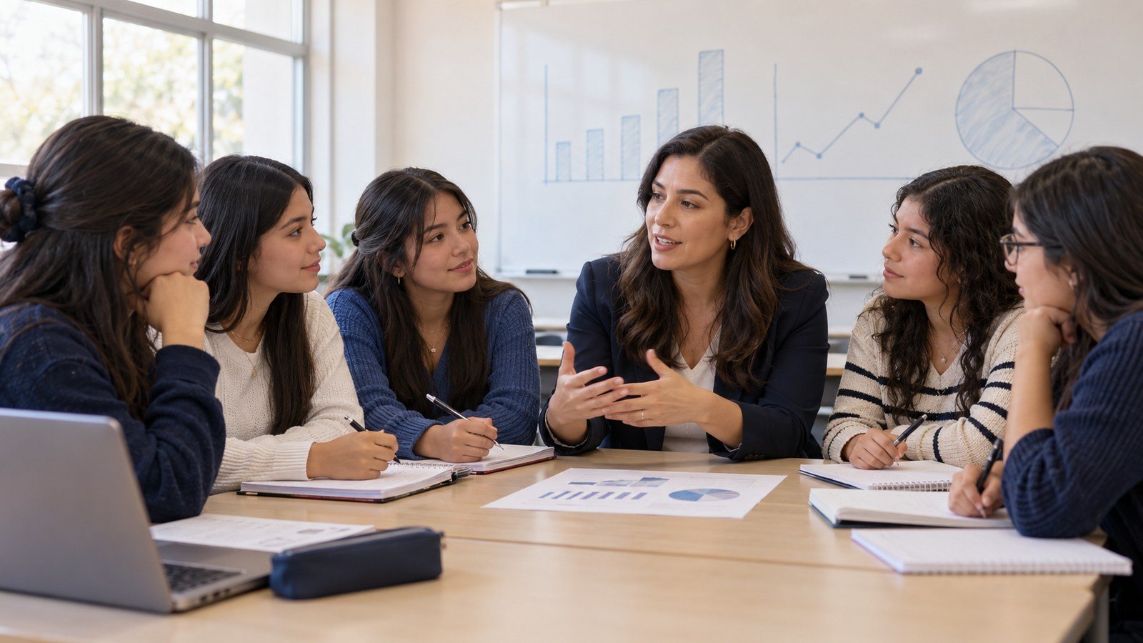 A female economist speaks with five high-school students around a table in front of a whiteboard with charts.