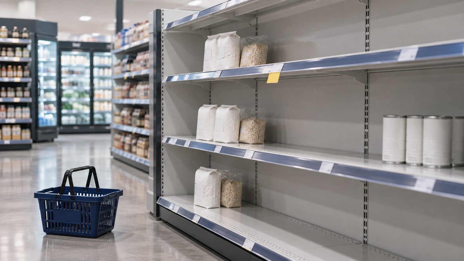 A supermarket shelf with few products and large empty spaces, next to a shopping basket.