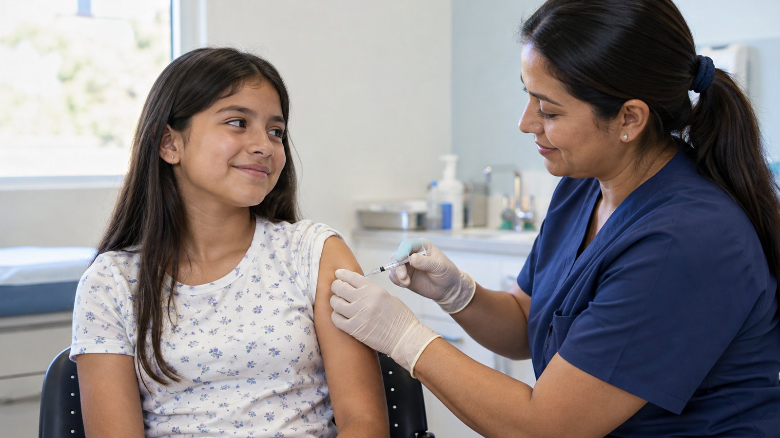 A Colombian girl calmly receiving a routine vaccination in her upper arm from a female healthcare professional in a bright community clinic.